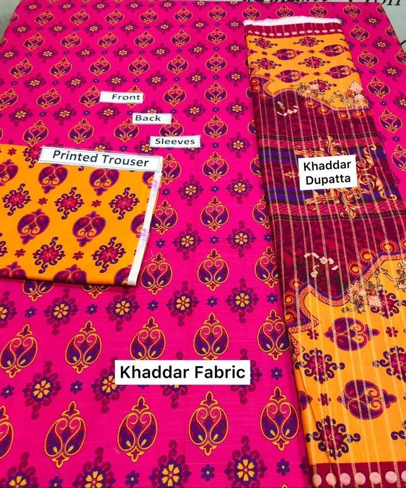 3 Pcs Women's Unstitched Khaddar Printed Suit